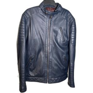 Cooperative Badr Cuir 100% Leather Navy Quilted Moto Racer Jacket Large